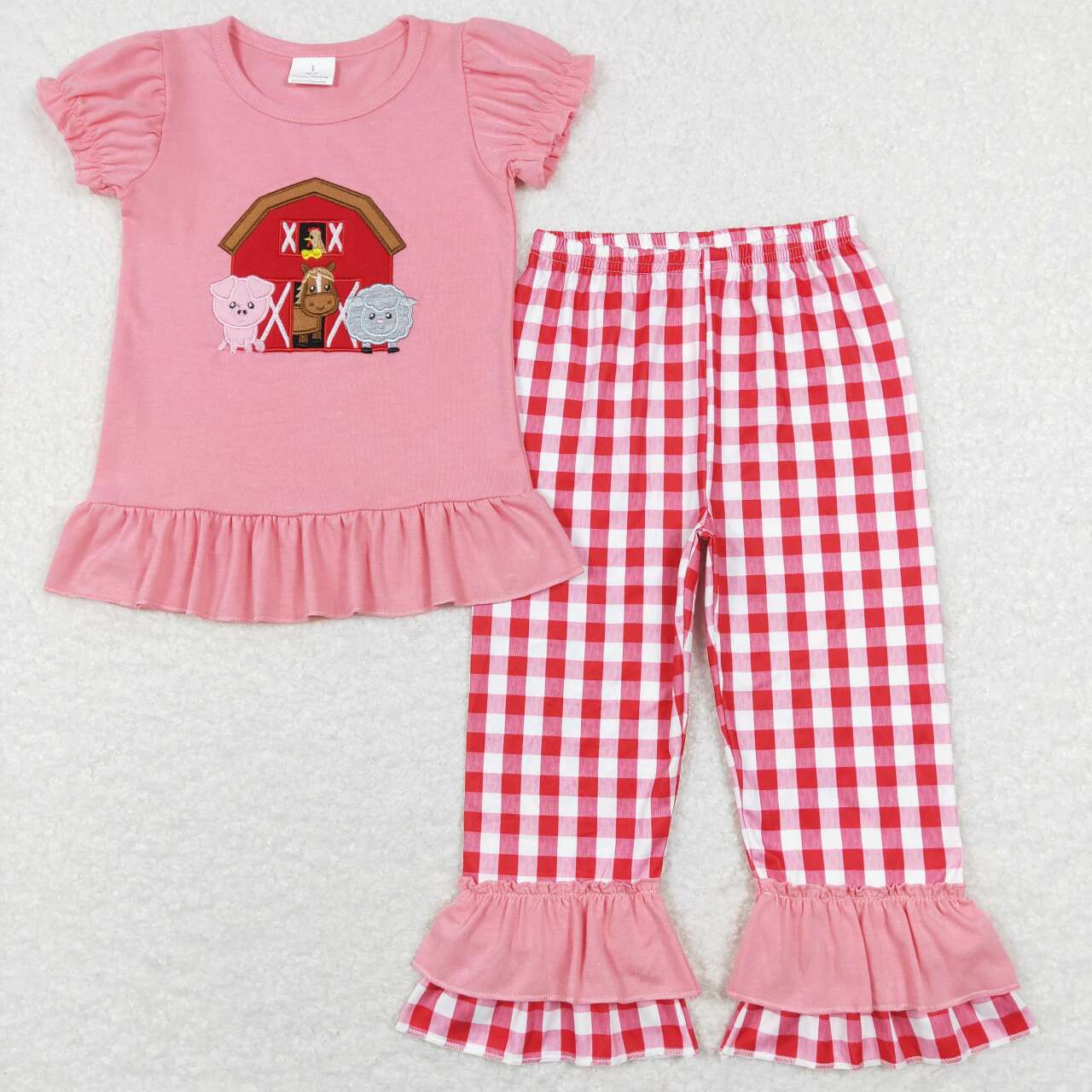 Embroidered Pink farm red plaid Print Girls set
