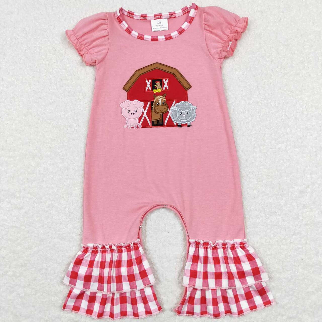 Embroidery Pink farm red plaid Print Baby Romper