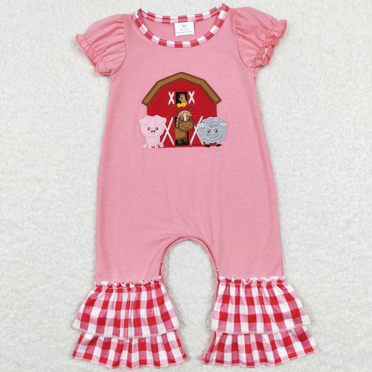 Embroidery Pink farm red plaid Print Baby Romper