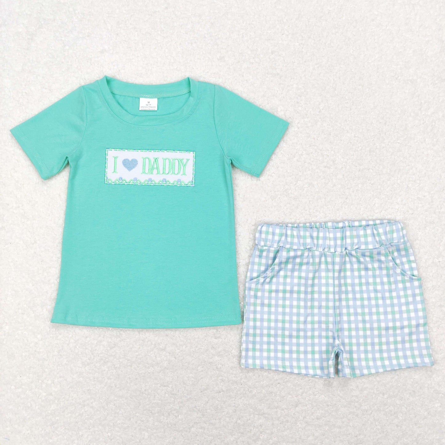 Blue Embroidered I love Daddy Plaid Short Sleeve Boy Set
