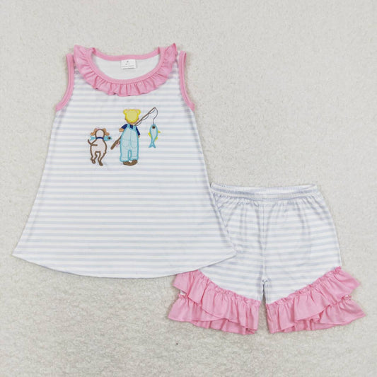 Pink GO fishing embroiderey Stripe Girls Set