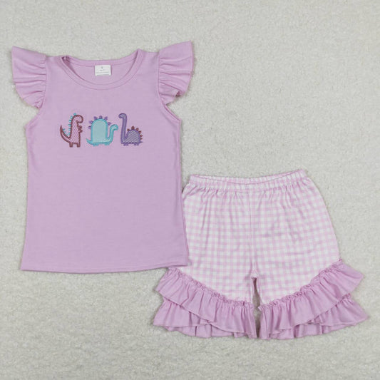 Purple dinosaur embroiderey Plaid Girls Set
