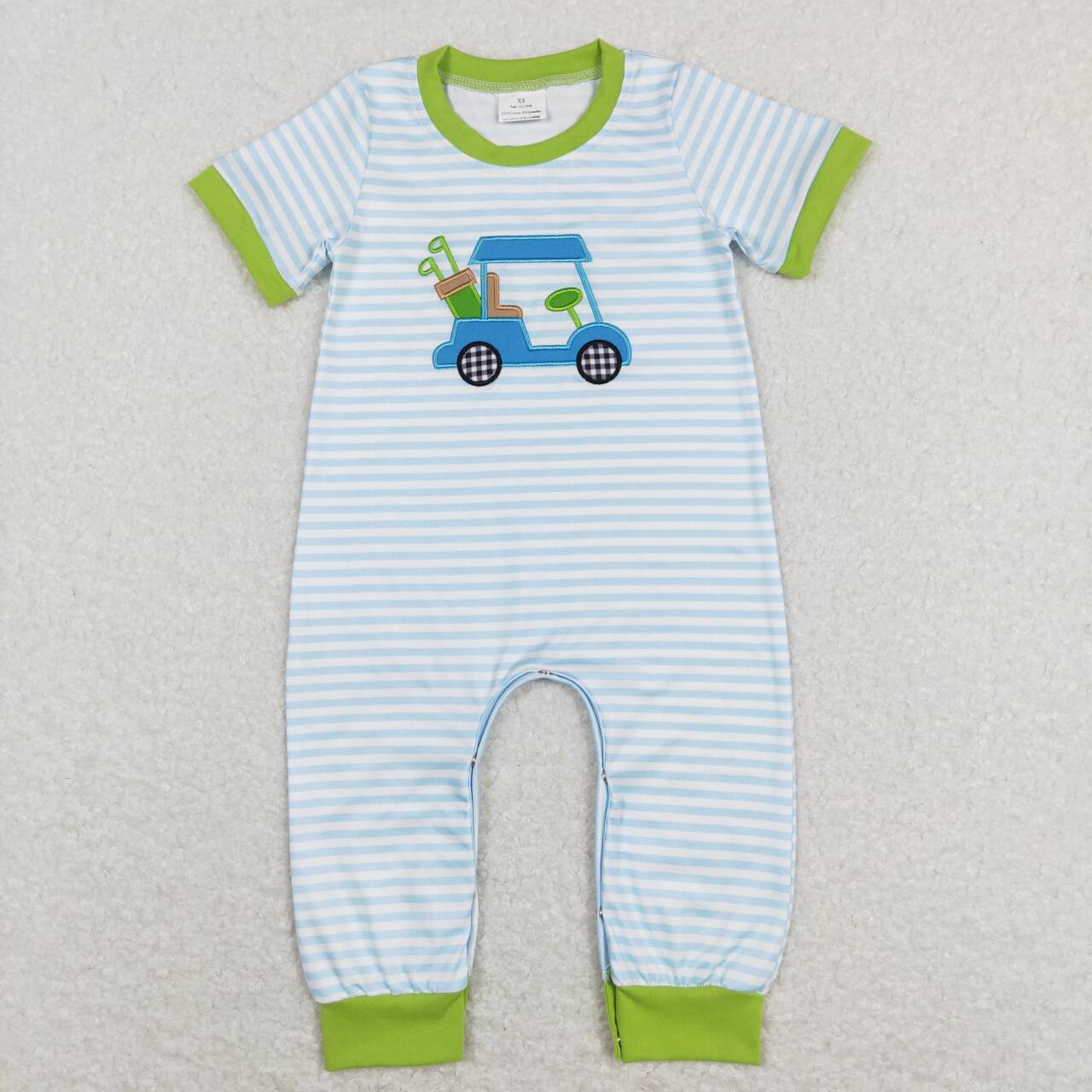 Embroidery Green Stripe Car Print Baby Romper