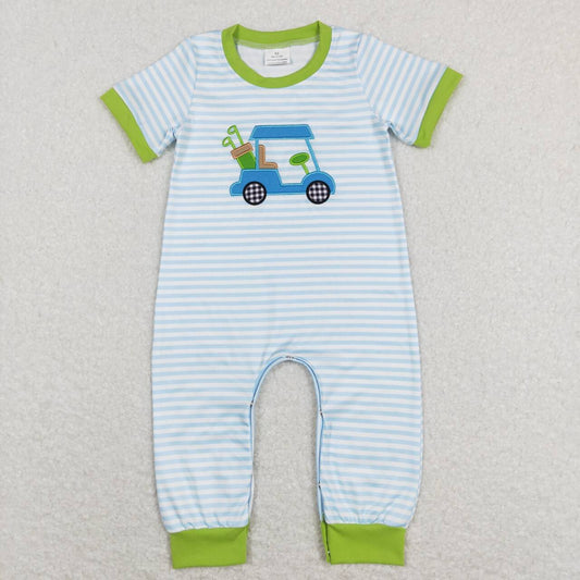 Embroidery Green Stripe Car Print Baby Romper