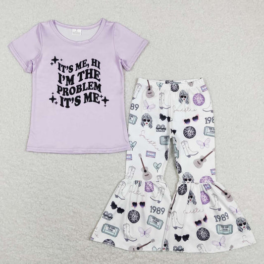 Purple letter Shirt singer Bell Pants Girls Set