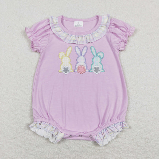 Embroidered Easter Purple Bunny Embroidered Plaid Girls Baby Romper