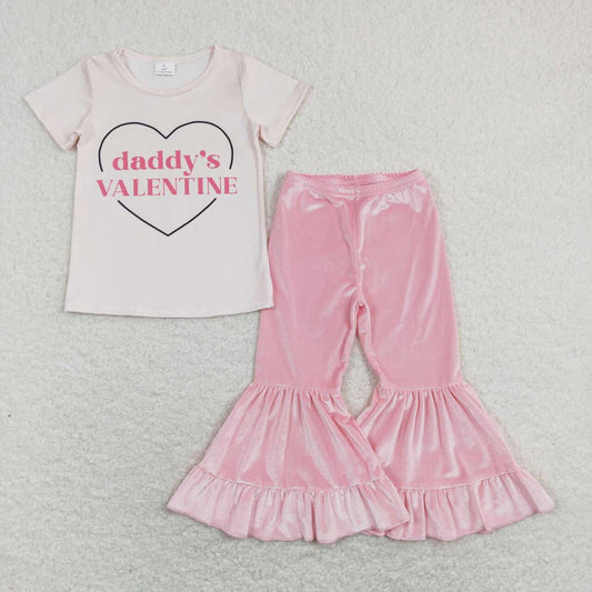 daddy‘s Valentine’s day Pink velvet Bell Pants Girls Set