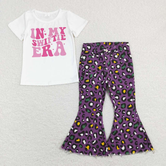 Valentine‘s day Letter Print Cartoon Short Shirt Purple Leopard Jeans