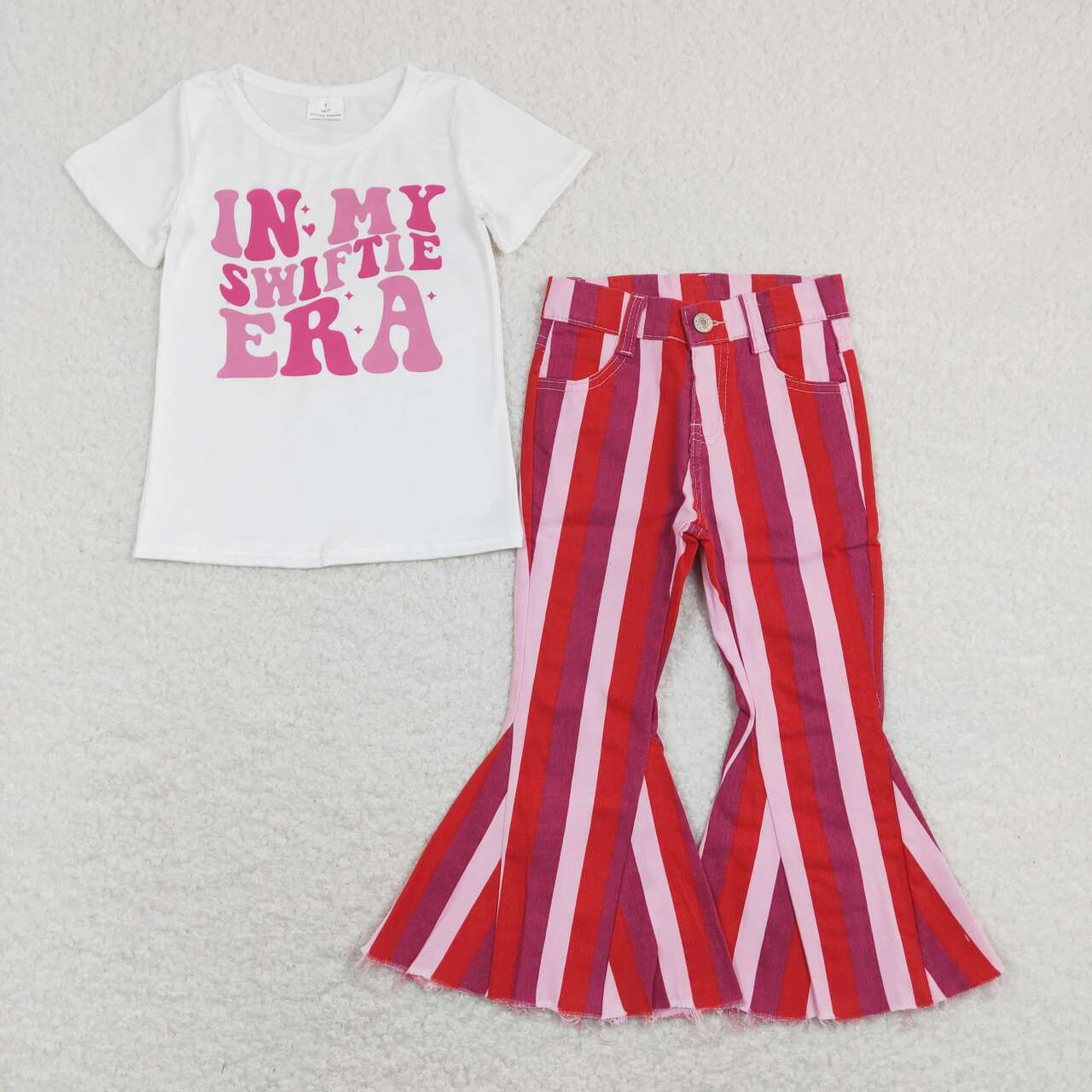 Valentine‘s day Letter Print Cartoon Short Shirt Hot Pink Stripe Pants Jeans