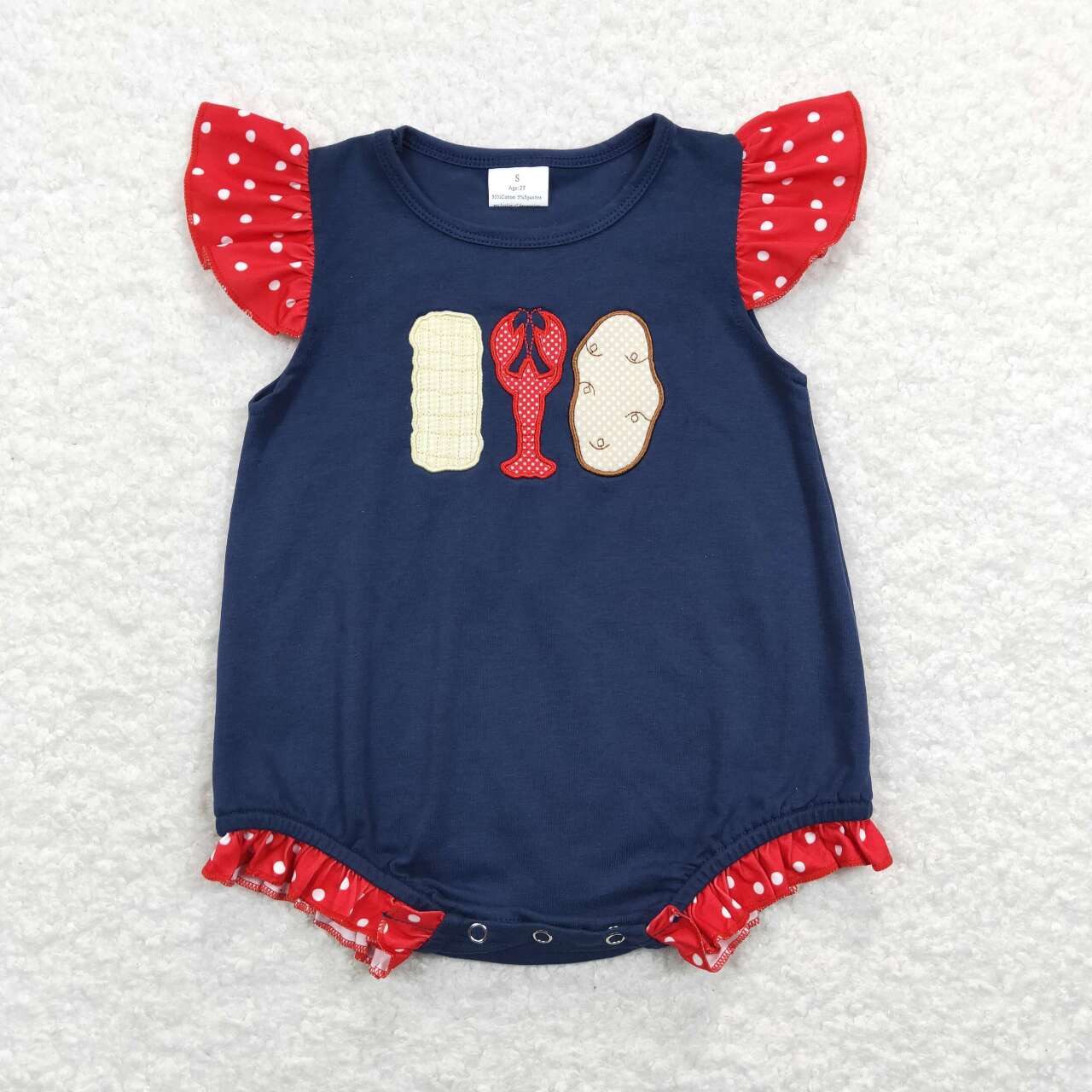 embroidery Navy lobster Red Dots Baby Romper