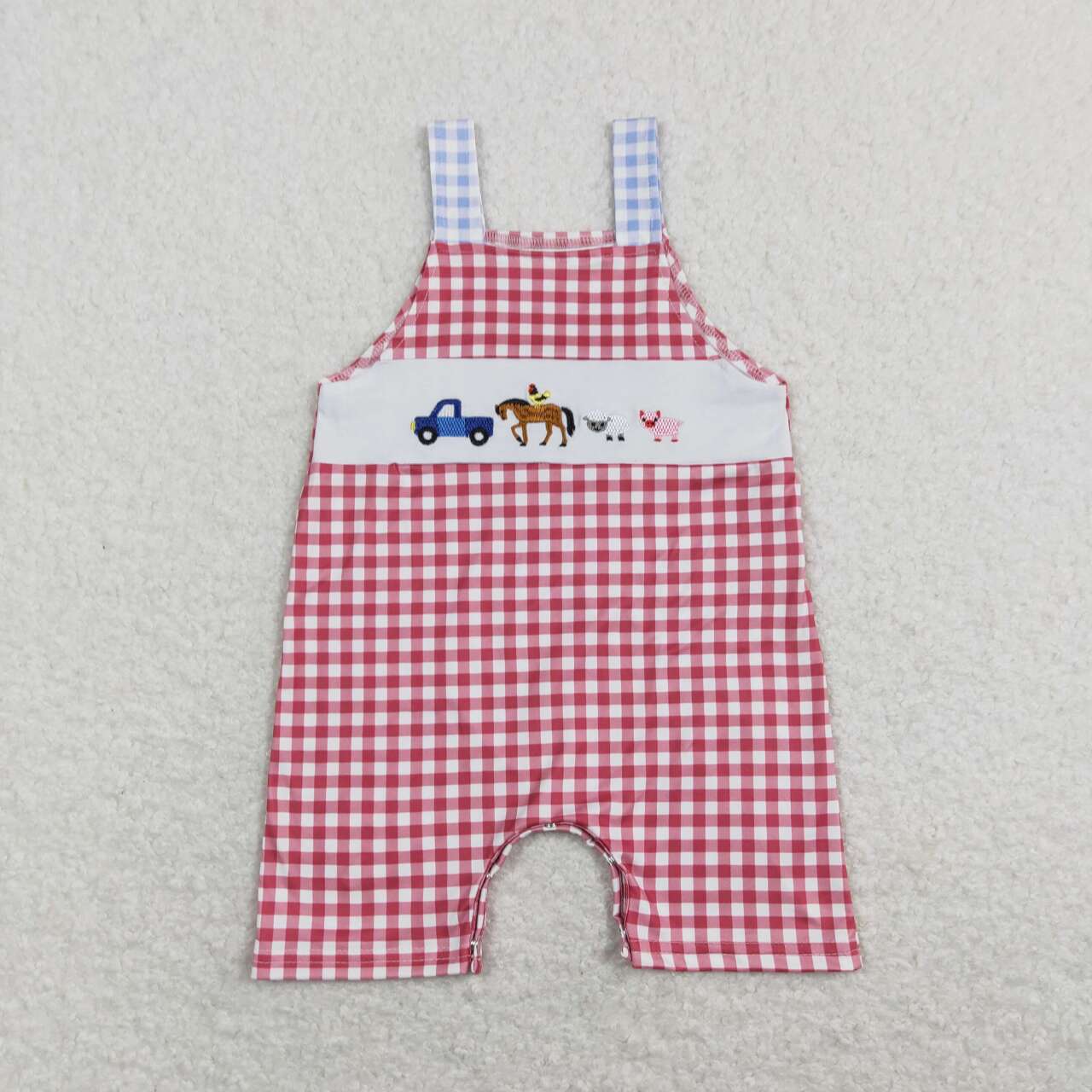 Embroidery Red Plaid Print Boy Baby Romper