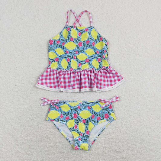 2pc Pink lemon Print printing Swimsuit