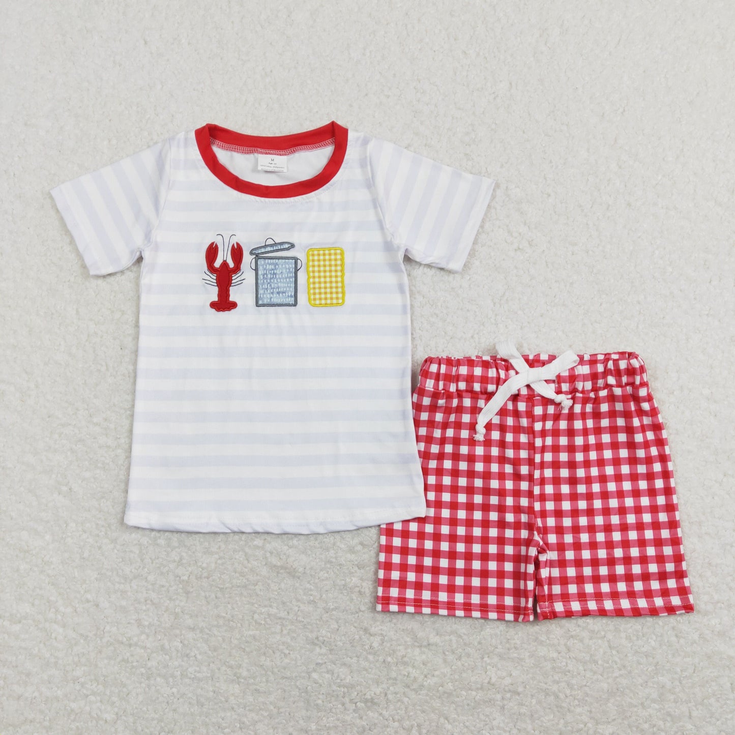 Stripe Embroidered Lobster Plaid Boy Set