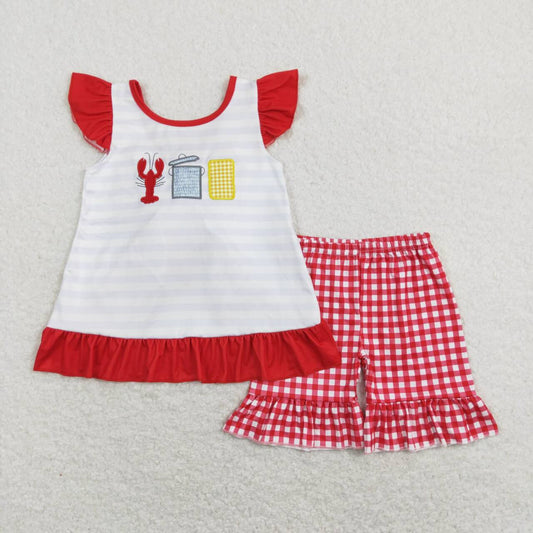 embroidery Red lobster Plaid Girls Set