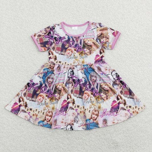 Purple Cartoon Short Sleeve Girls Dress