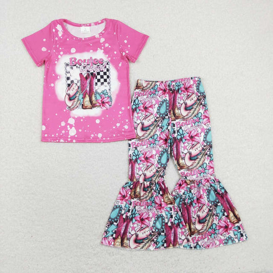 western Pink Boot Print Pants Girls Set