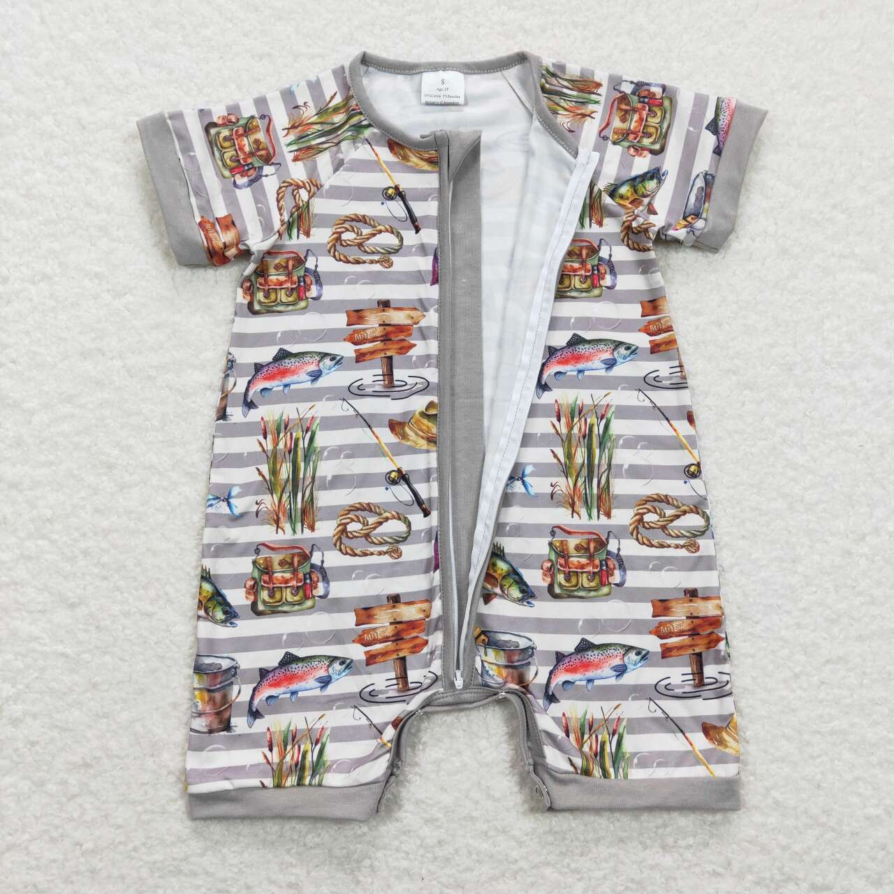 gray fishing Print Short Sleeve With Zipper Baby Romper