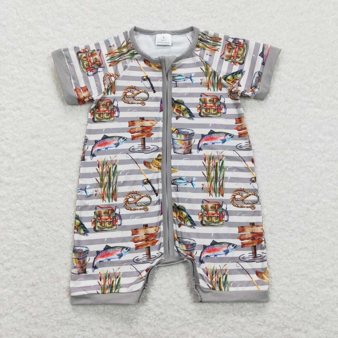 gray fishing Print Short Sleeve With Zipper Baby Romper