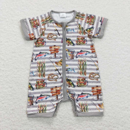 gray fishing Print Short Sleeve With Zipper Baby Romper