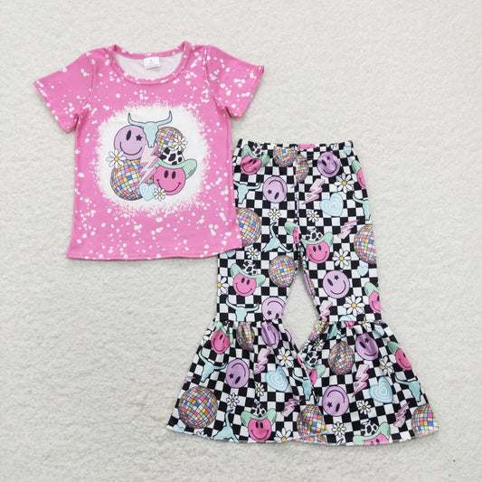 western Pink Smile Cow Disco Bell Pants Girls Set