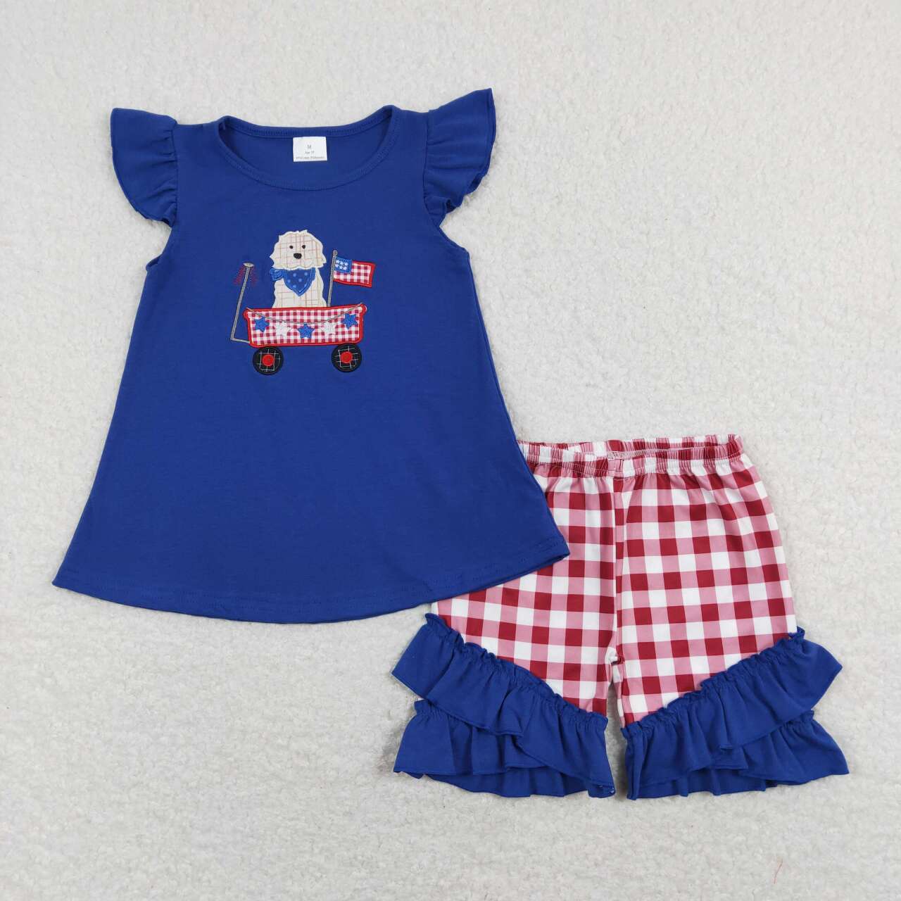 July Of 4th Embroidered Dog Flag Blue Plaid Suit Summer Set