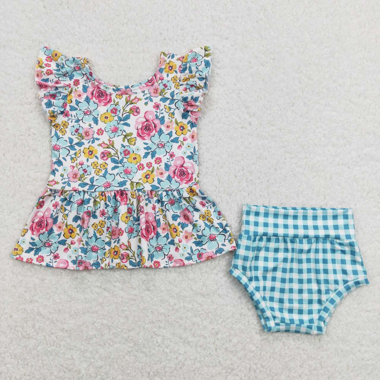 flower Blue plaid bummie outfit