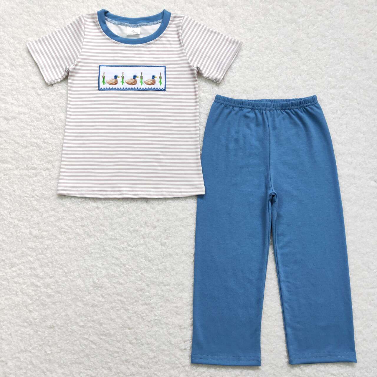 Embroidered Blue stripe duck Print Boy Set