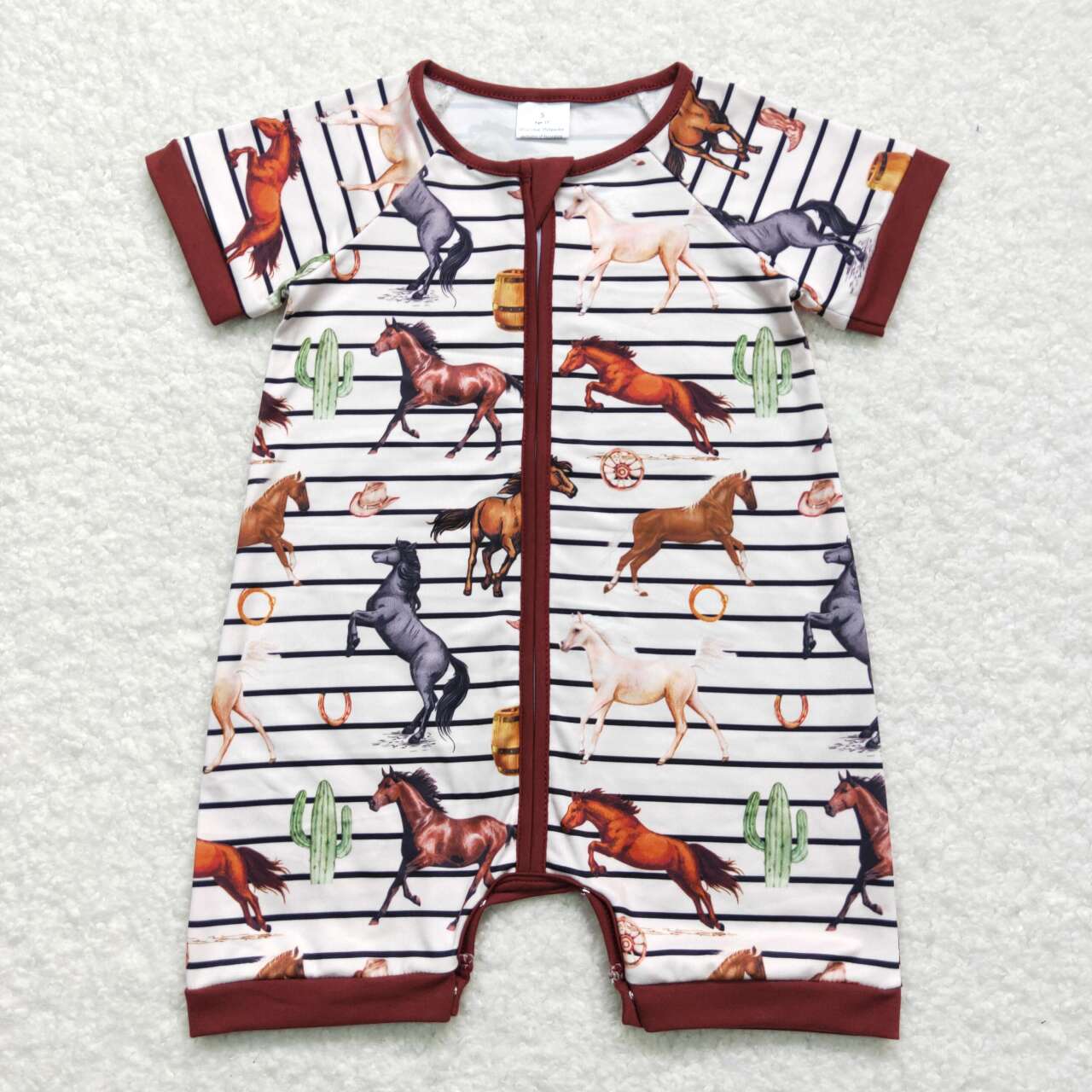 horse Print Short Sleeve With Zipper Baby Romper
