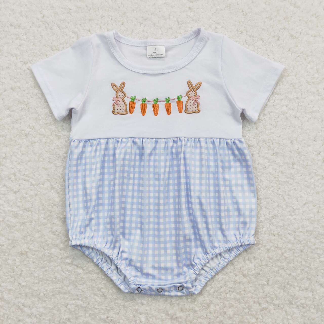 Embroidery easter Bunny Plaid Short Sleeve Boy Baby Romper