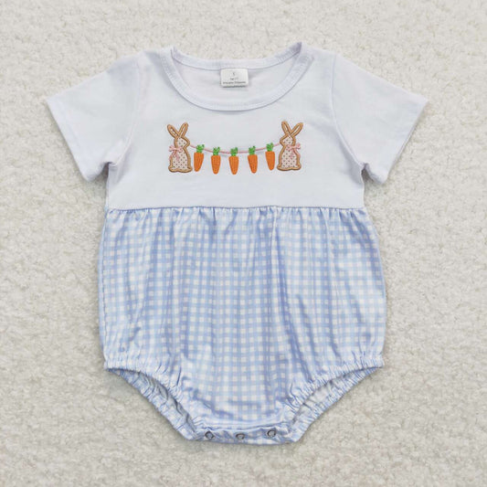 Embroidery easter Bunny Plaid Short Sleeve Boy Baby Romper