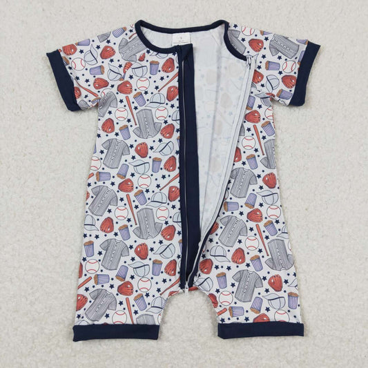 baseball Print Short Sleeve With Zipper Baby Romper