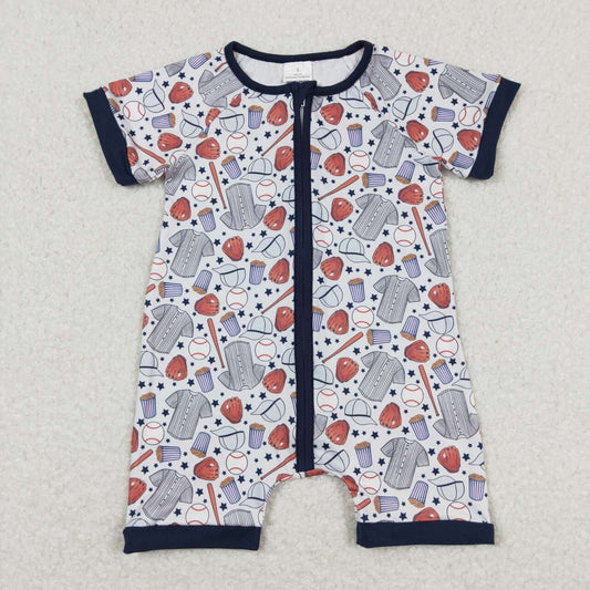 baseball Print Short Sleeve With Zipper Baby Romper