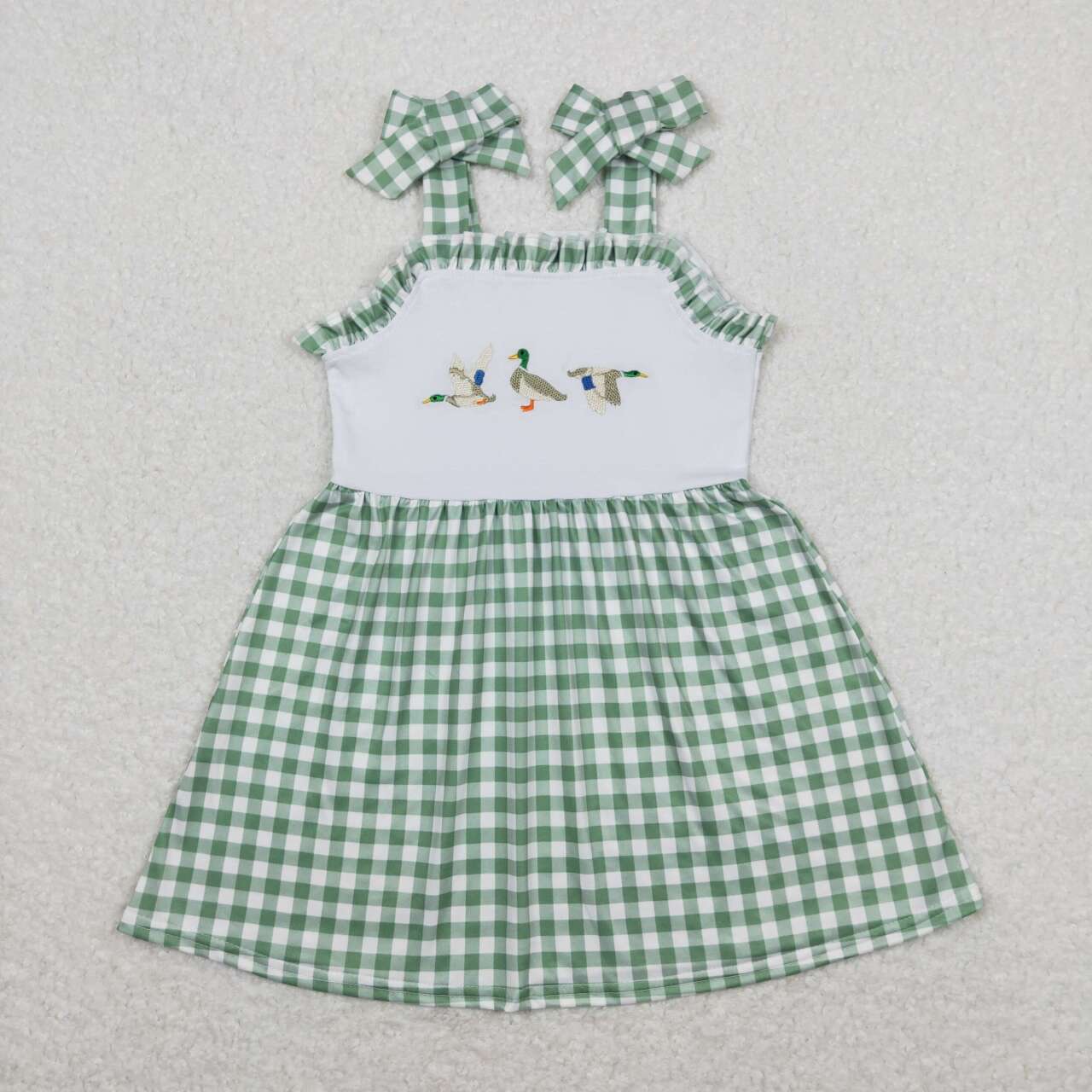 Embroider duck Green plaid Print Short Girls Dress