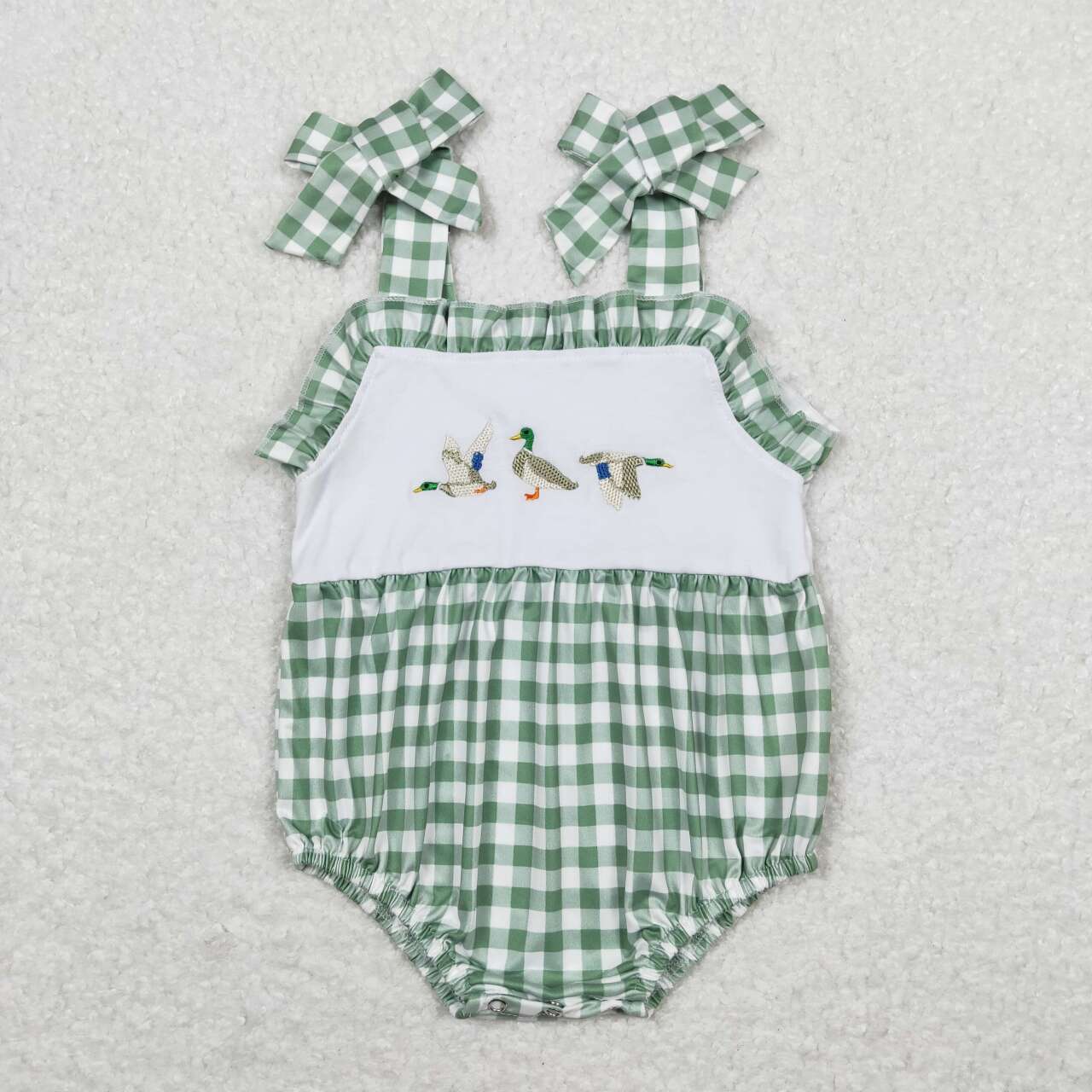 Green plaid Embroidered duck Baby Romper