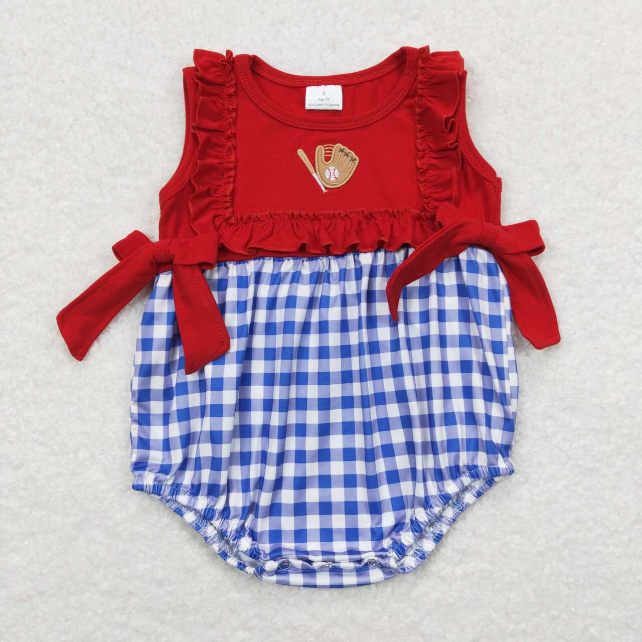 blue plaid baseball Embroidery baby romper