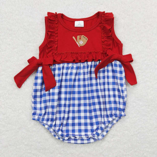 blue plaid baseball Embroidery baby romper