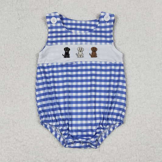 blue plaid dog Embroidery baby romper