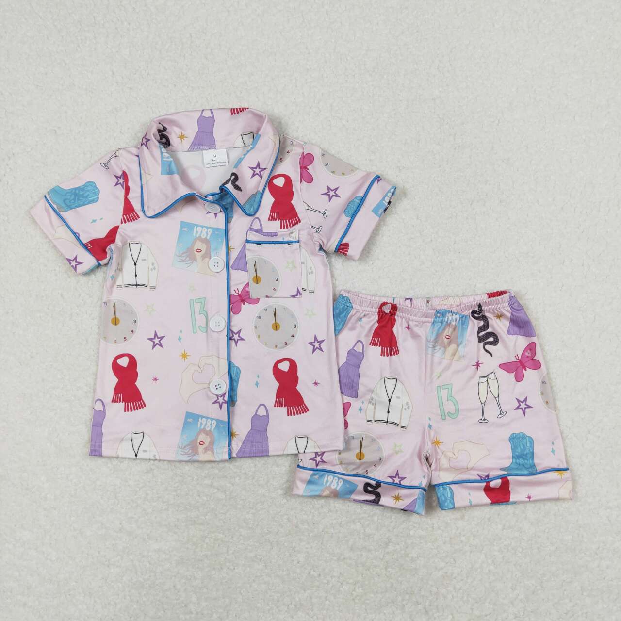 pink cartoon with button Sleeve Short Pajamas