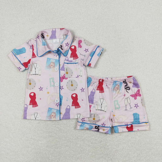 pink cartoon with button Sleeve Short Pajamas