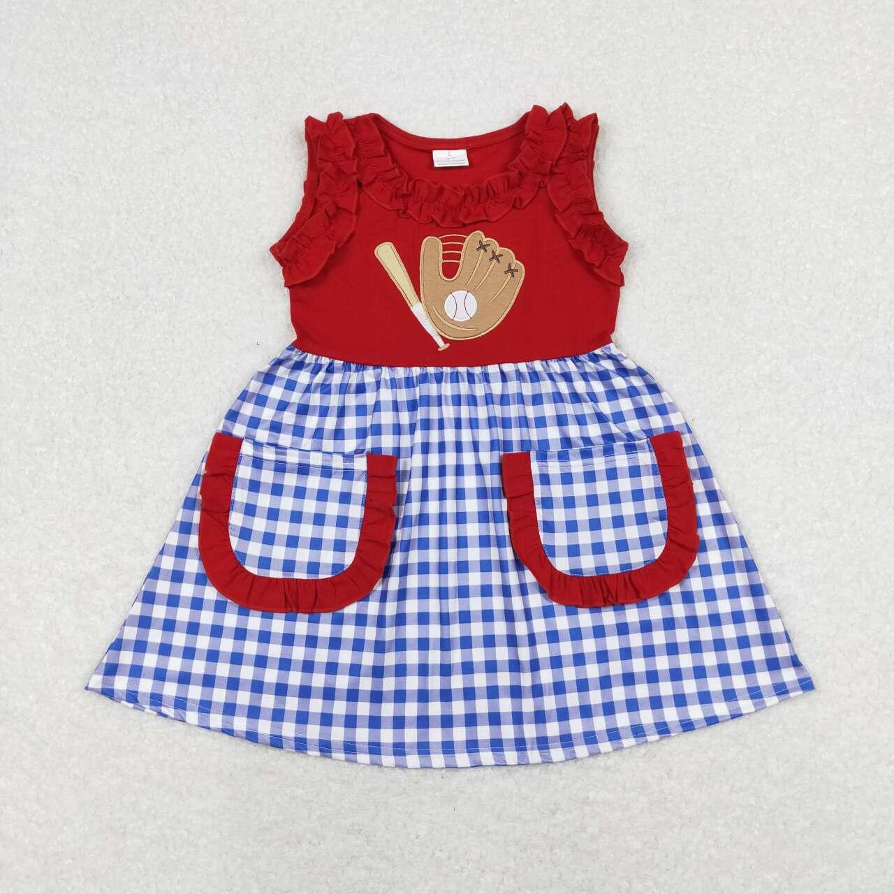 Red baseball embroidery blue plaid Girls Dress