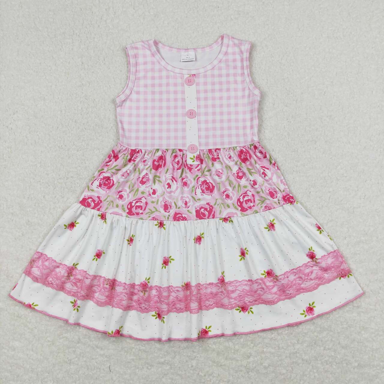 pink plaid flower tier Girls Dress