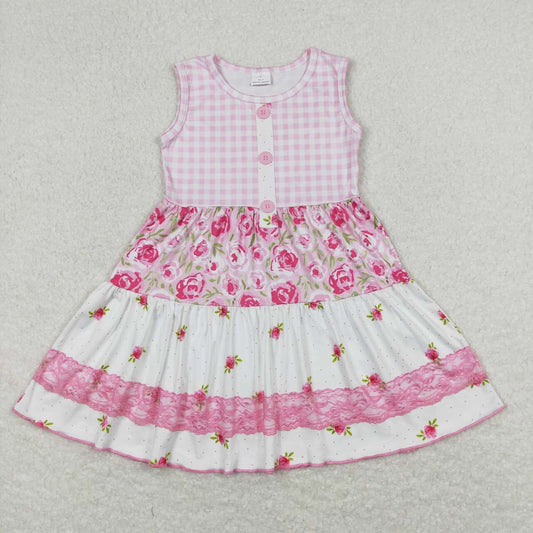 pink plaid flower tier Girls Dress