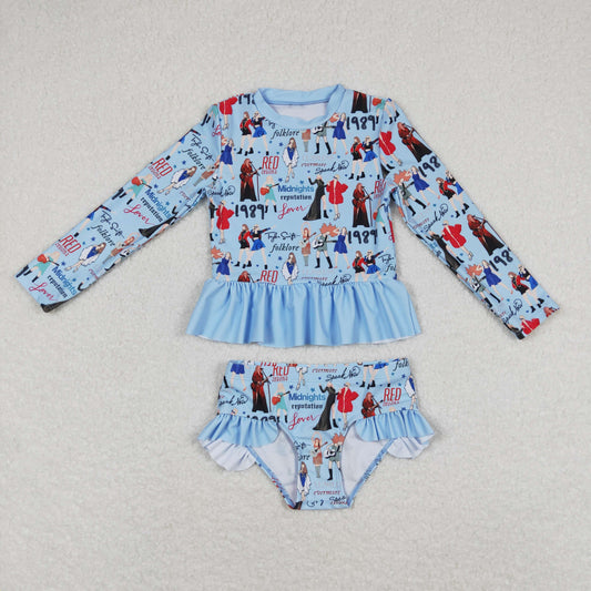 2pc blue Cartoon long sleeve Swimsuit