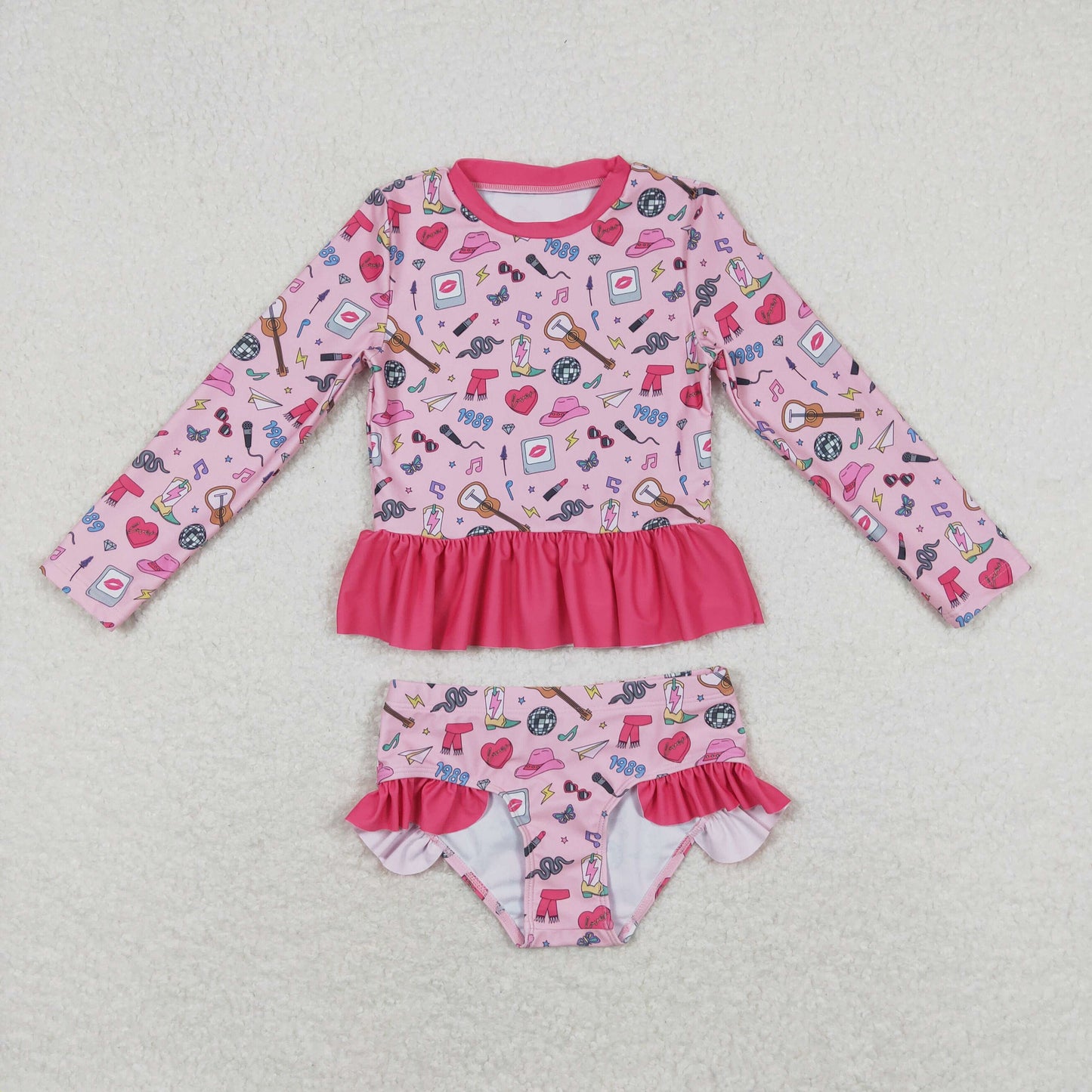 2pc pink Cartoon long sleeve Swimsuit