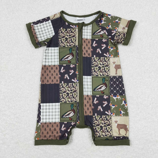 duck Print Short Sleeve With Zipper Baby Romper