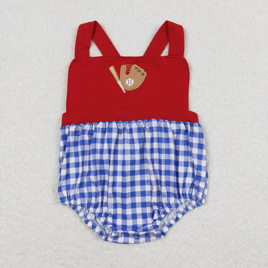 Red Baseball plaid embroidered Baby Romper
