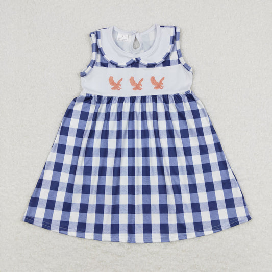 Blue plaid embroidered sleeveless Girls Dress