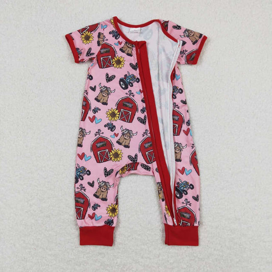 pink farm cow with zipper Baby Romper