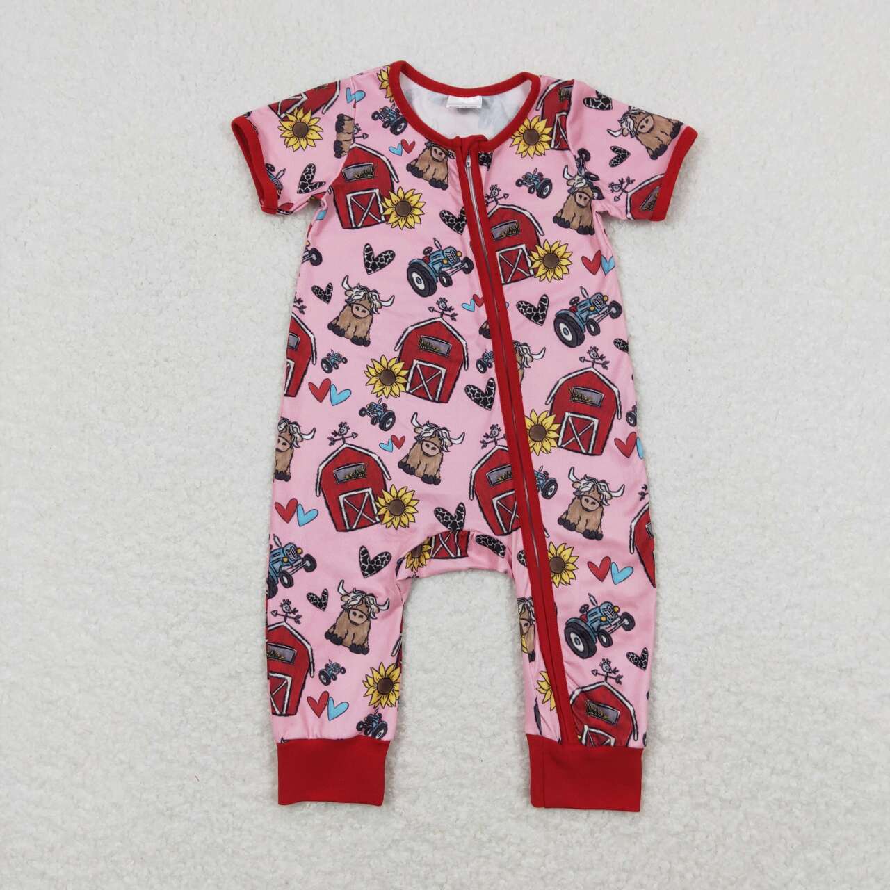 pink farm cow with zipper Baby Romper
