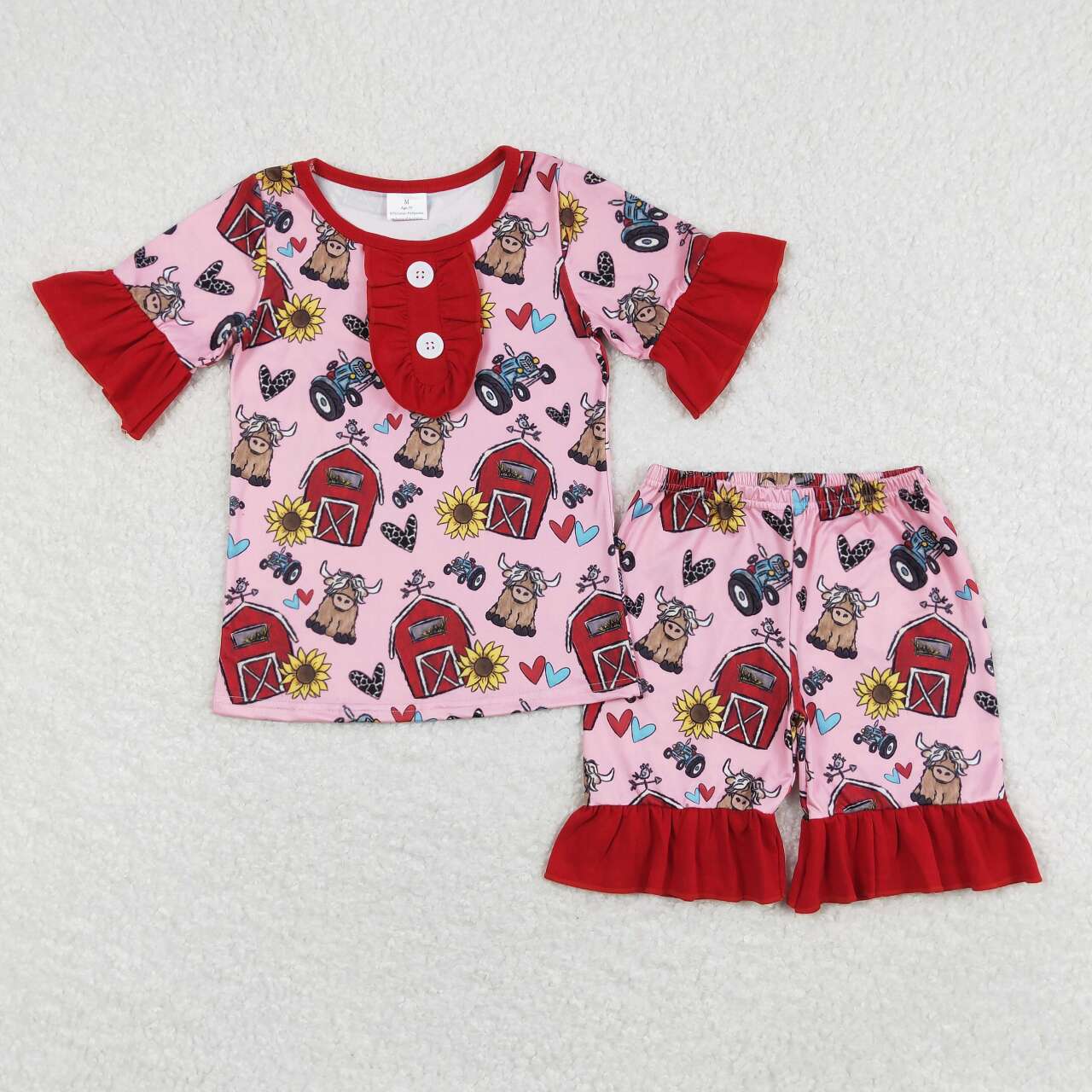 Pink farm cow Print Short Sleeve Girls Set